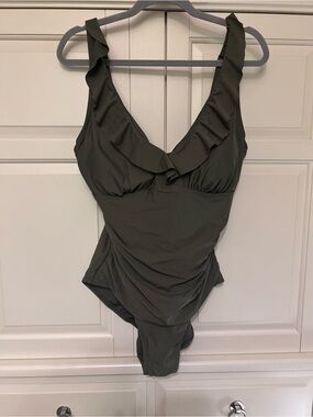Women’s Olive Green One-Piece Swimsuit with Ruffle Neckline UNDERWIRE